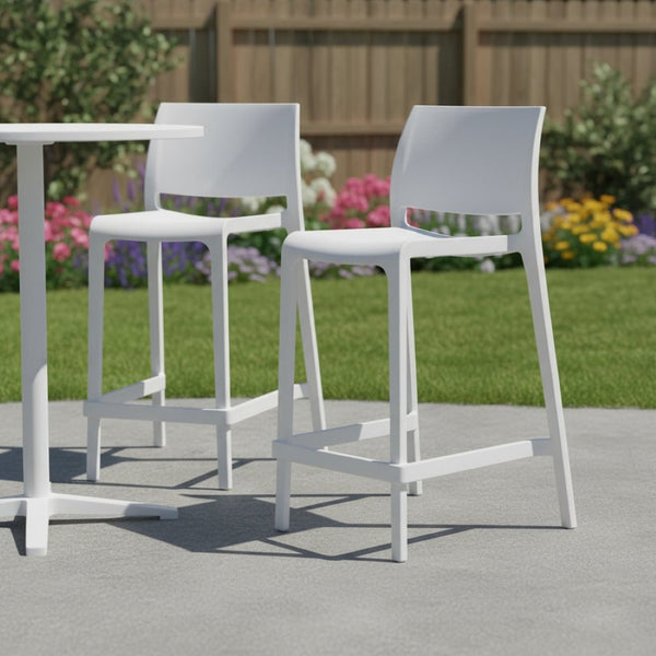HomeRoots Set of Two Stylish White Heavy-Duty Plastic Outdoor Counter-Height Bar Chairs for Comfort & Durability 565370