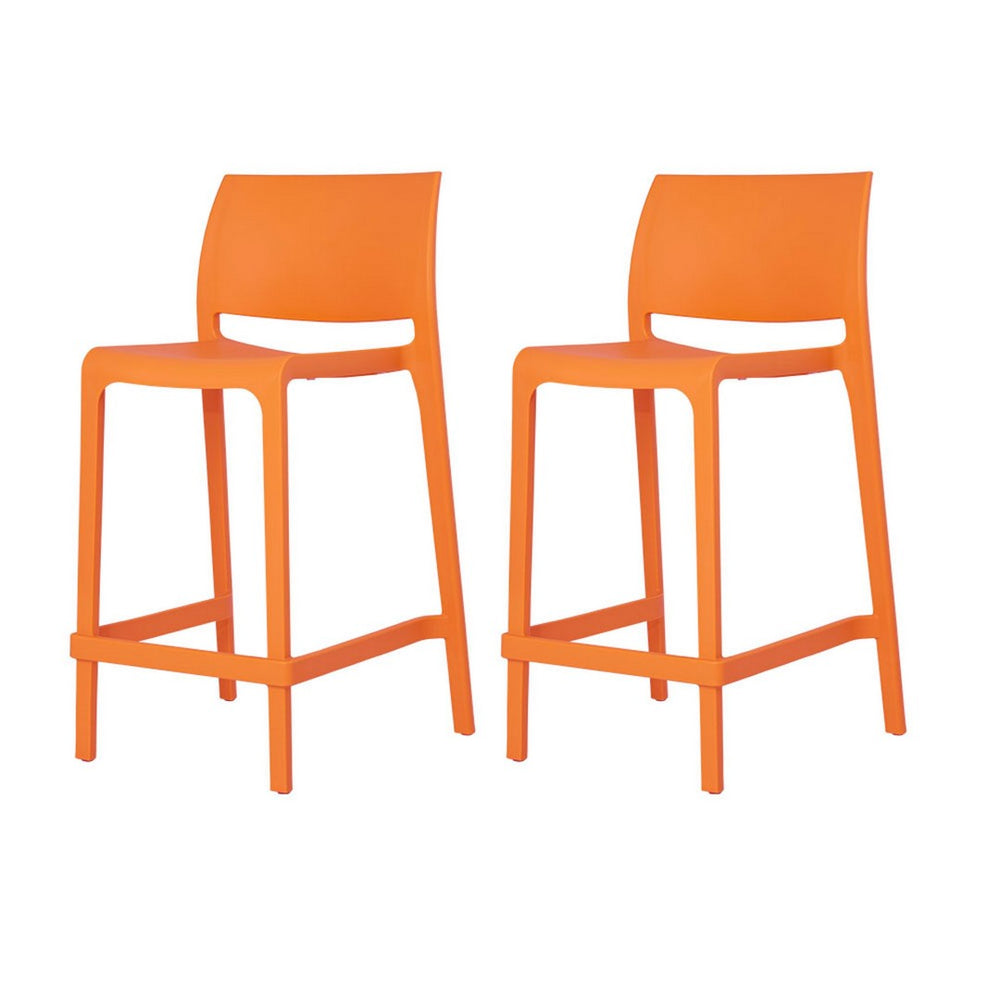 HomeRoots Set of Two 26" Orange Heavy-Duty Plastic Counter-Height Bar Chairs for Stylish Outdoor Comfort 565371