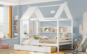 English Elm Full House Solid Wood Platform Bed with Window Roof, Under-Bed Drawers & Shelves for Kids' Rooms Light White W1580S00267