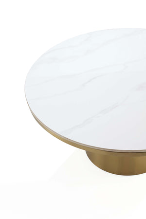 English Elm Glenn Sintered Stone Top Coffee Table – Gold Round 31.5" Top, Modern Stainless Steel Base, Elegant Living centerpiece B365S00058
