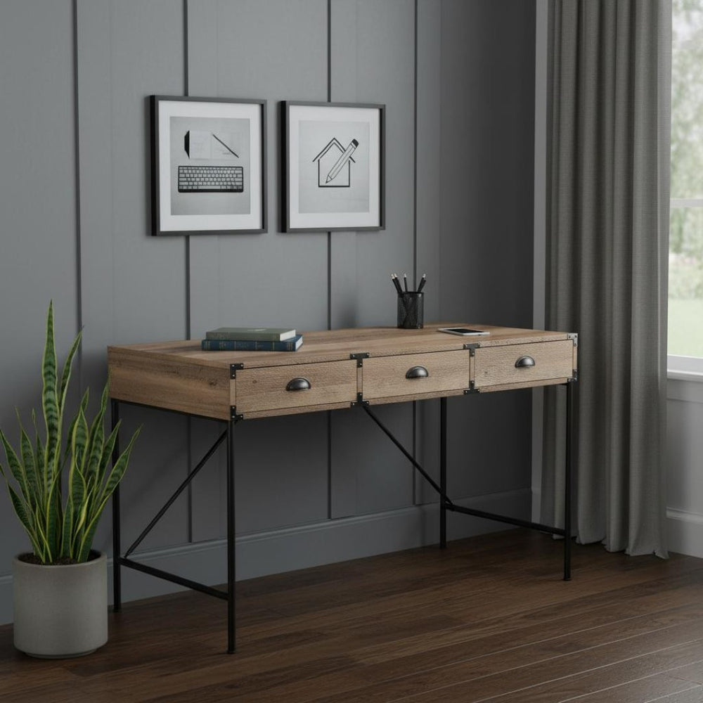 HomeRoots 47" Oak Wood Wall-Mounted H-Shape Writing Desk with 3 Drawers for Stylish Home Office & Storage 565429