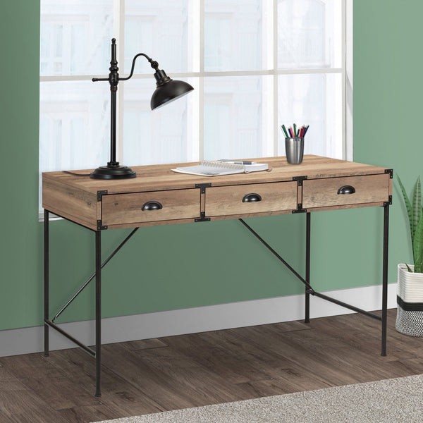 HomeRoots 47" Oak Wood Wall-Mounted H-Shape Writing Desk with 3 Drawers for Stylish Home Office & Storage 565429