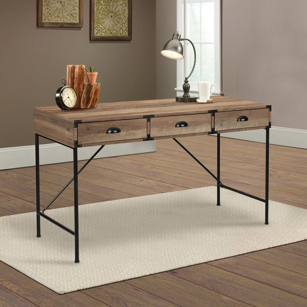 HomeRoots 47" Oak Wood Wall-Mounted H-Shape Writing Desk with 3 Drawers for Stylish Home Office & Storage 565429