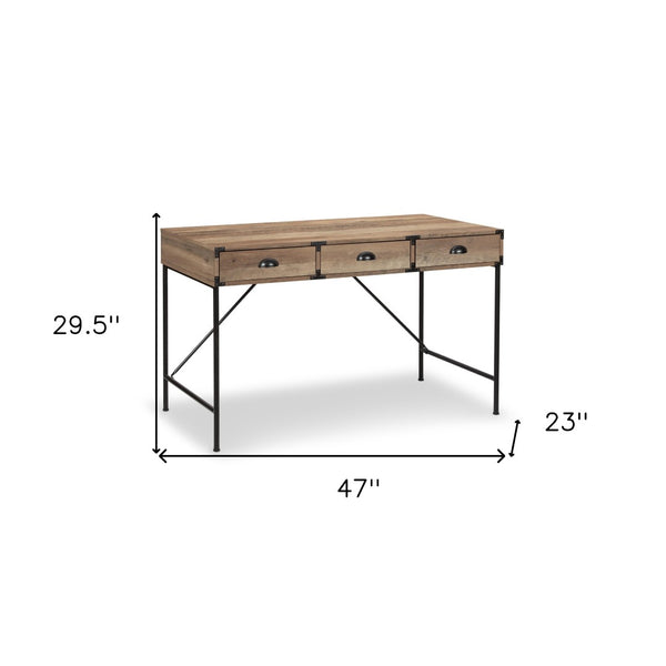 HomeRoots 47" Oak Wood Wall-Mounted H-Shape Writing Desk with 3 Drawers for Stylish Home Office & Storage 565429