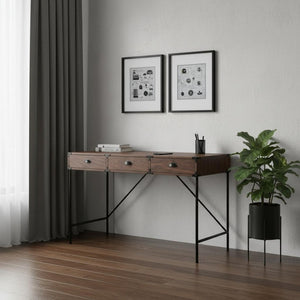 HomeRoots 47" Brown Wood H-Shape Wall-Mounted Writing Desk with 3 Drawers for Stylish Home Office Space 565430