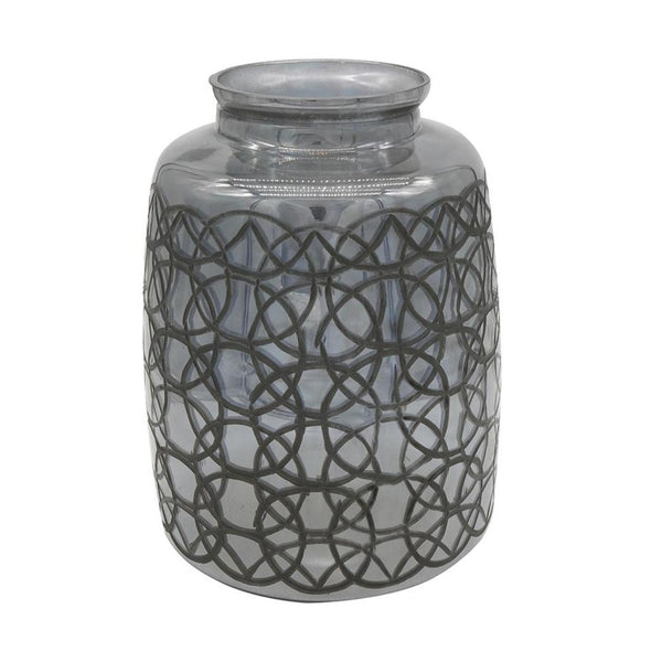 HomeRoots 12" Dark Gray Geometric Round Glass Table Vase - Artisan Crafted, Stylish Centerpiece for Any Decor 565434