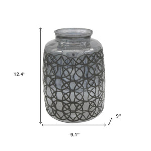 HomeRoots 12" Dark Gray Geometric Round Glass Table Vase - Artisan Crafted, Stylish Centerpiece for Any Decor 565434