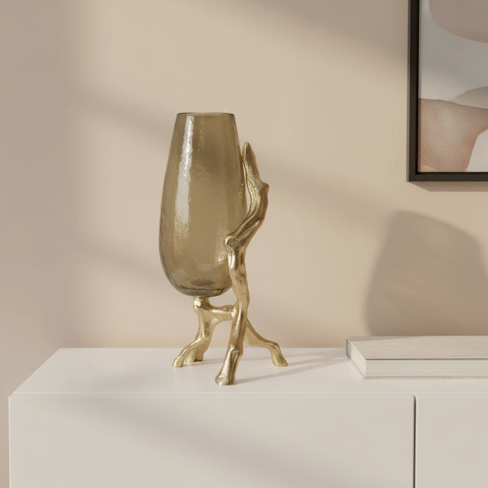 HomeRoots 18" Champagne Glass Vase with Distressed Metal Stand - Elegant Home Decor for Any Space or Occasion 565435