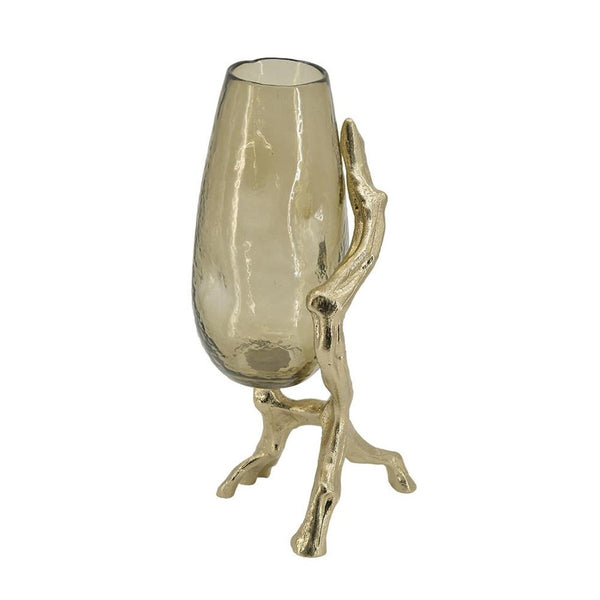 HomeRoots 18" Champagne Glass Vase with Distressed Metal Stand - Elegant Home Decor for Any Space or Occasion 565435