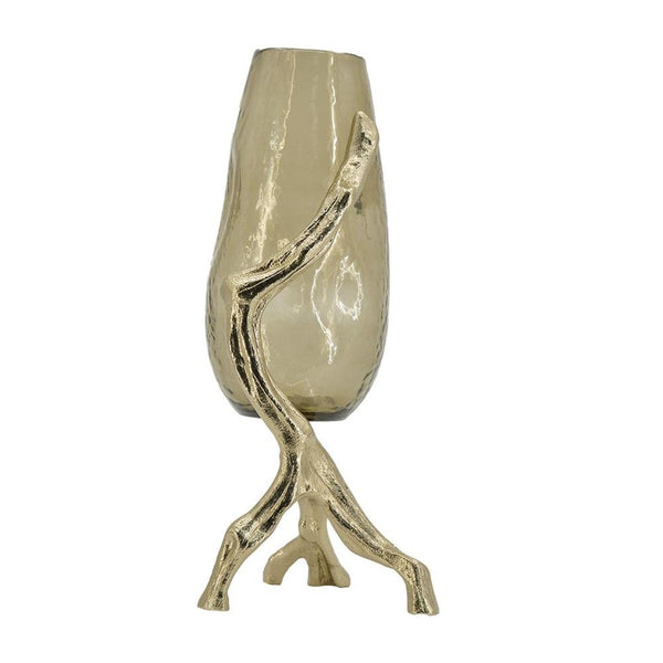 HomeRoots 18" Champagne Glass Vase with Distressed Metal Stand - Elegant Home Decor for Any Space or Occasion 565435