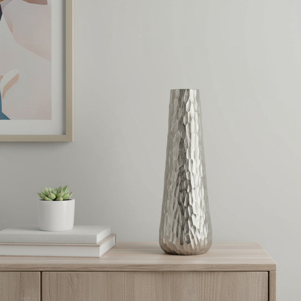 HomeRoots 19" Silver Cast Aluminum Geometric Table Vase - Vintage-Modern Accent for Dried Flowers & Decor 565438