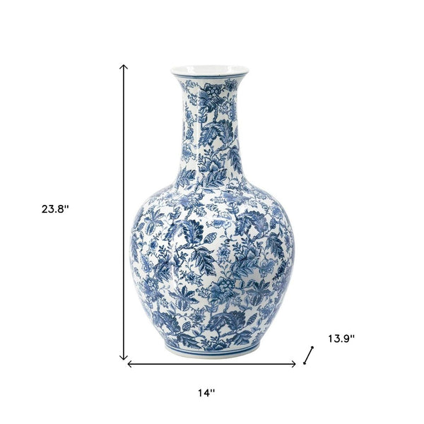 Homeroots 24" Elegant Blue And White Floral Curved Porcelain Vase – Stunning Centerpiece For Home Decor  Porcelain 565452