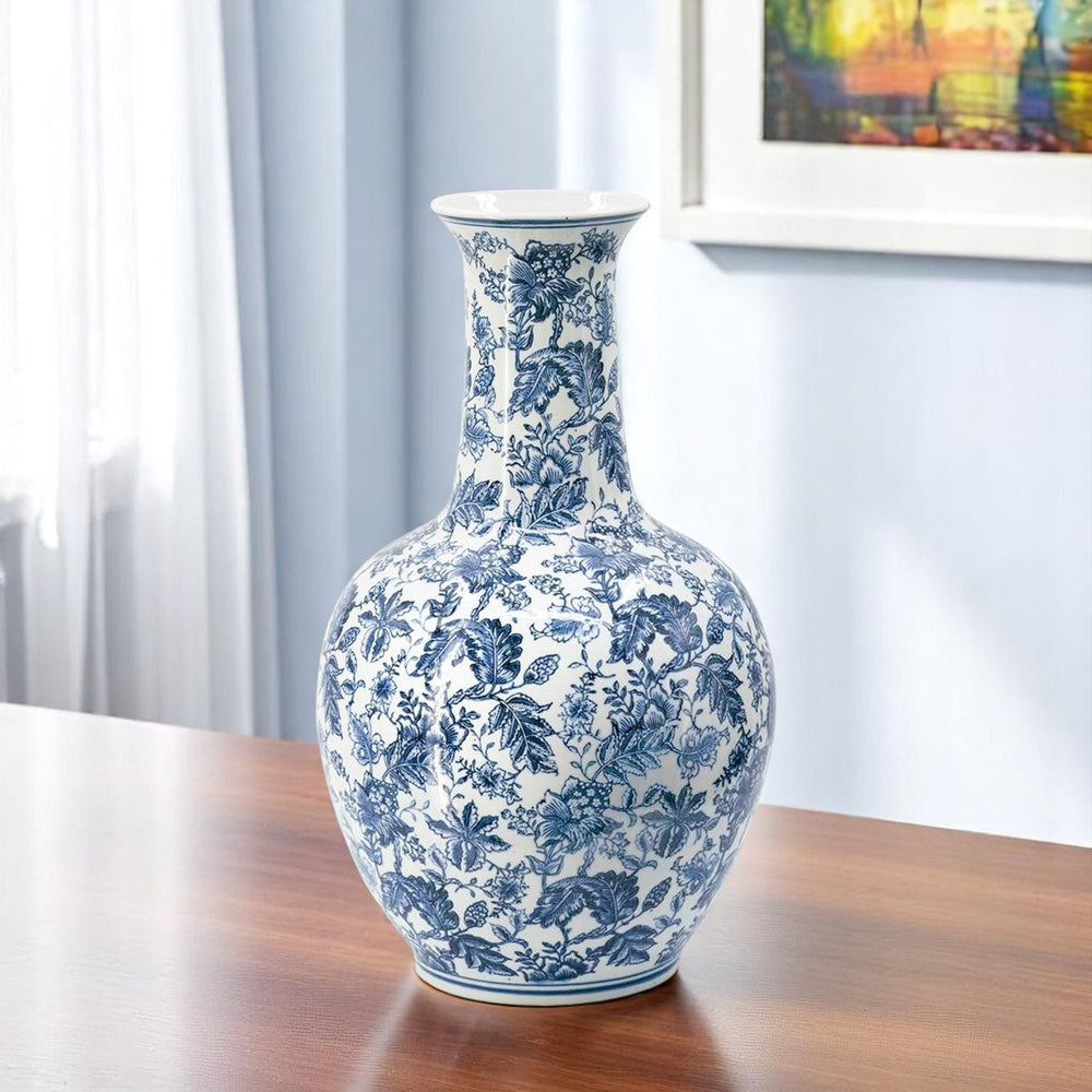 Homeroots 24" Elegant Blue And White Floral Curved Porcelain Vase – Stunning Centerpiece For Home Decor  Porcelain 565452