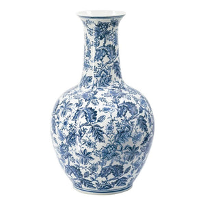 HomeRoots 24" Elegant Blue and White Floral Porcelain Vase - Hand-Painted Chinoiserie Design for Any Decor 565452