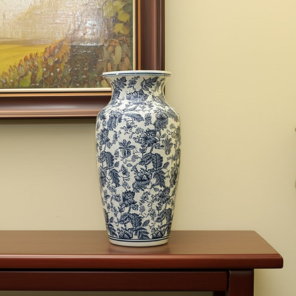 HomeRoots 24" Chinoiserie Blue and White Porcelain Urn Vase - Elegant Centerpiece for Timeless Décor & Gifts 565453