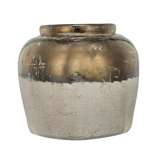 HomeRoots 11" Hand-Painted Beige and Bronze Terracotta Round Jug Vase – Rustic Elegance for Any Home Decor 565454