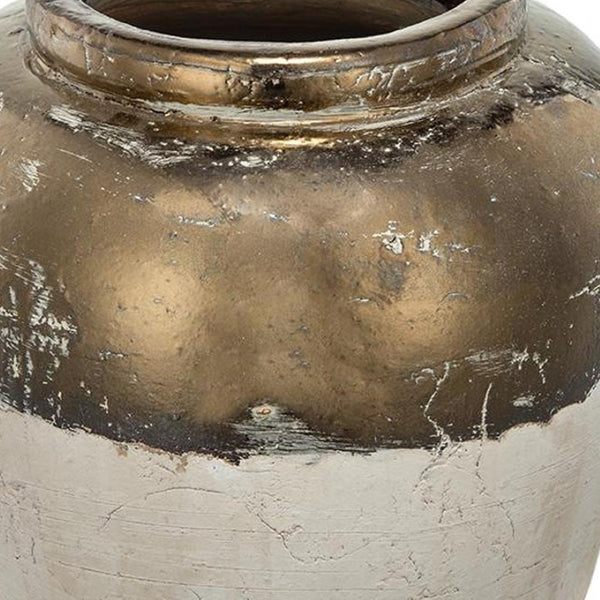 HomeRoots 11" Hand-Painted Beige and Bronze Terracotta Round Jug Vase – Rustic Elegance for Any Home Decor 565454