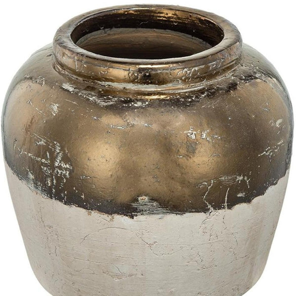 HomeRoots 11" Hand-Painted Beige and Bronze Terracotta Round Jug Vase – Rustic Elegance for Any Home Decor 565454