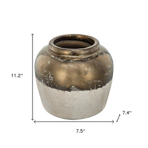 HomeRoots 11" Hand-Painted Beige and Bronze Terracotta Round Jug Vase – Rustic Elegance for Any Home Decor 565454
