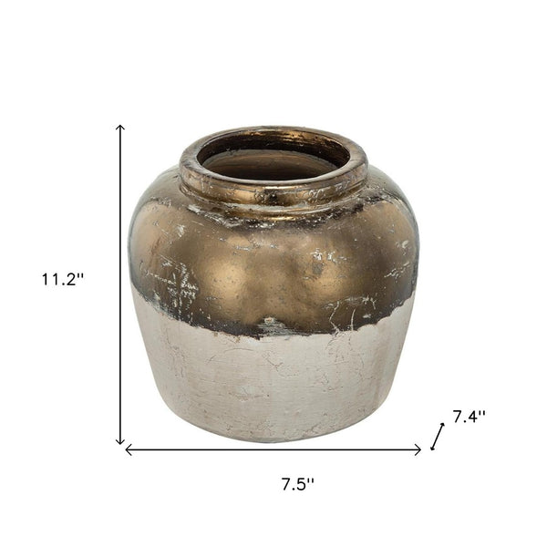 HomeRoots 11" Hand-Painted Beige and Bronze Terracotta Round Jug Vase – Rustic Elegance for Any Home Decor 565454