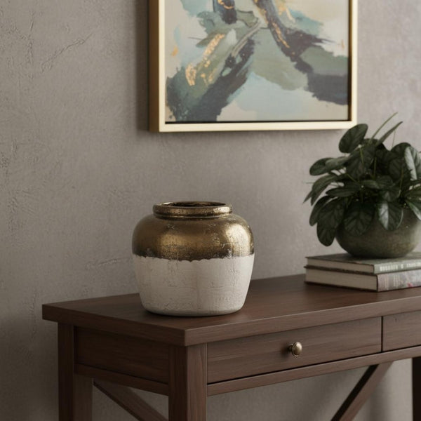HomeRoots 11" Hand-Painted Beige and Bronze Terracotta Round Jug Vase – Rustic Elegance for Any Home Decor 565454