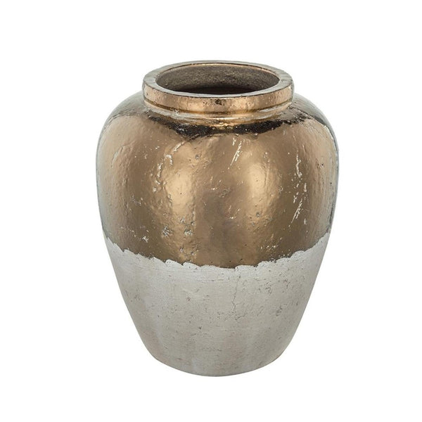 HomeRoots 16" Hand-Painted Beige and Bronze Terracotta Round Jug Vase for Elegant Home Decor Accents 565455