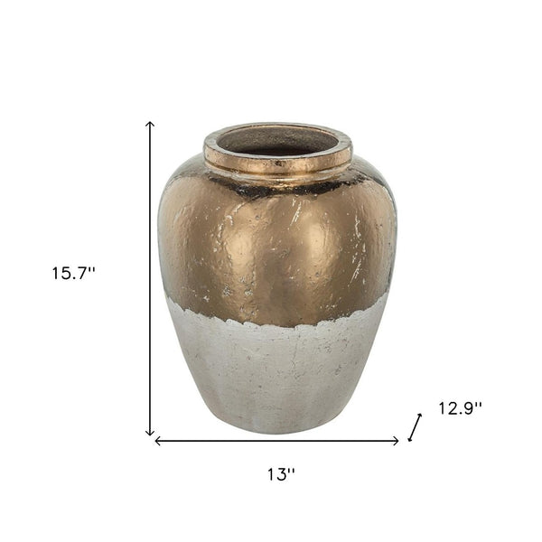 HomeRoots 16" Hand-Painted Beige and Bronze Terracotta Round Jug Vase for Elegant Home Decor Accents 565455