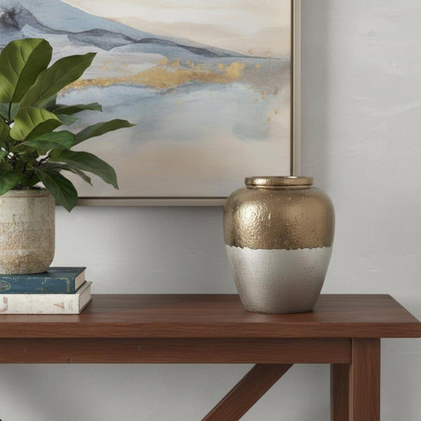 HomeRoots 16" Hand-Painted Beige and Bronze Terracotta Round Jug Vase for Elegant Home Decor Accents 565455