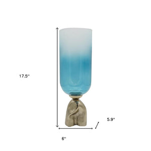 HomeRoots 18" Elegant Ombre Glass Pedestal Vase in Aqua Blue and Gold - Modern Home Decor Accent Piece 565456