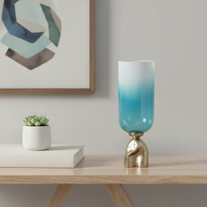 HomeRoots 18" Elegant Ombre Glass Pedestal Vase in Aqua Blue and Gold - Modern Home Decor Accent Piece 565456