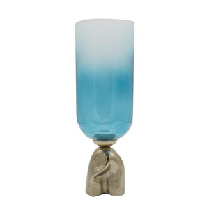 HomeRoots 18" Elegant Ombre Glass Pedestal Vase in Aqua Blue and Gold - Modern Home Decor Accent Piece 565456