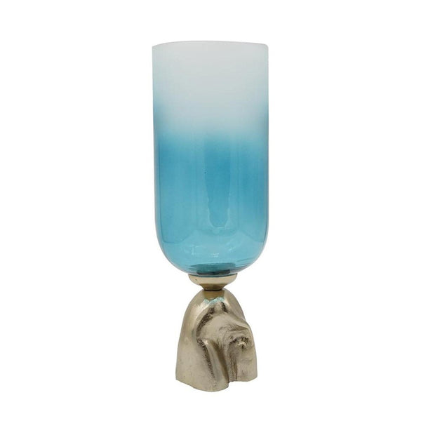 HomeRoots 18" Elegant Ombre Glass Pedestal Vase in Aqua Blue and Gold - Modern Home Decor Accent Piece 565456