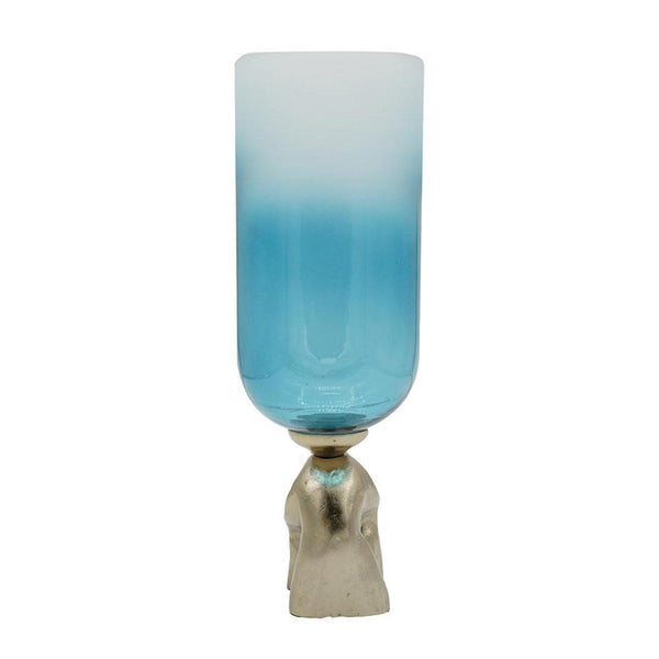 HomeRoots 18" Elegant Ombre Glass Pedestal Vase in Aqua Blue and Gold - Modern Home Decor Accent Piece 565456