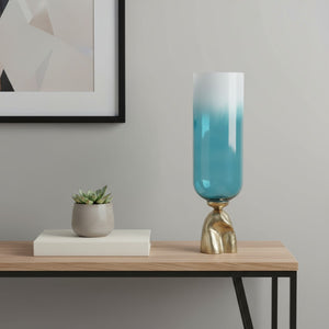 HomeRoots 21" Ombre Glass and Gold Aluminum Pedestal Vase - Modern Elegance for Floral Arrangements & Decor 565457