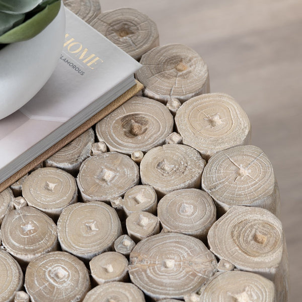 Crestview Collection Rustic Teak Wood Accent Table - Timeless Cylinder Design With White Wash Finish For Cozy Living Spaces Tan Solid Wood Cvfdr1017