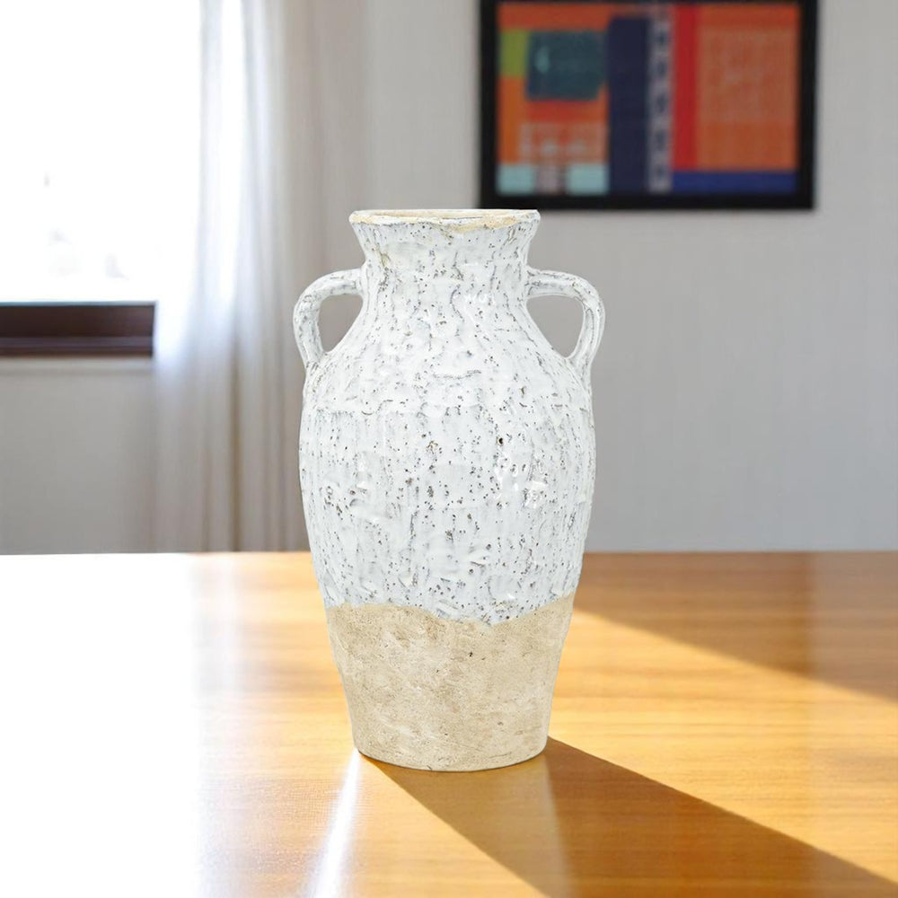 Homeroots 14" Beige And Ivory Color Block Amphora Terracotta Table Vase - Elegant Home Decor Accent Piece  Terracotta 565466