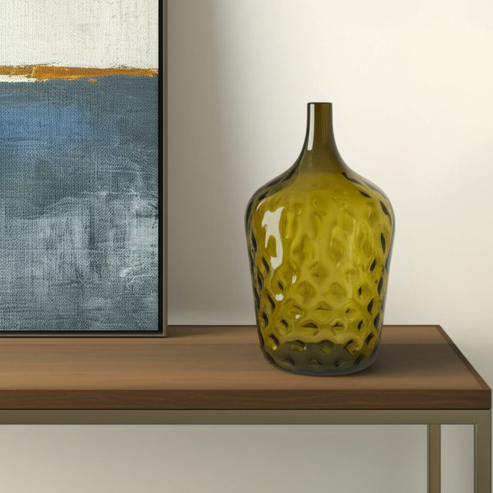 HomeRoots 21" Olive Green Hammered Glass Table Vase - Elegant Bud-Shaped Centerpiece for Home Decor & Gifts 565469