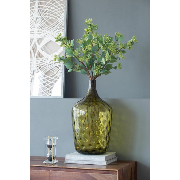 HomeRoots 21" Olive Green Hammered Glass Table Vase - Elegant Bud-Shaped Centerpiece for Home Decor & Gifts 565469