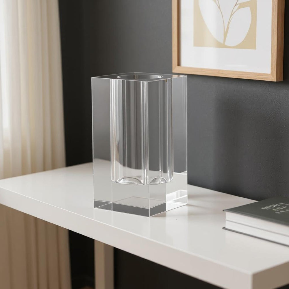 HomeRoots 8" Clear Square Glass Table Vase – Modern Minimalist Design for Floral Arrangements & Home Décor 565472