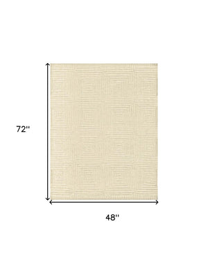 HomeRoots 4' Ivory Wool Geometric Hand-Knotted Area Rug - Durable, Stain-Resistant, Artisan-Crafted Elegance 4' X 6' 565477
