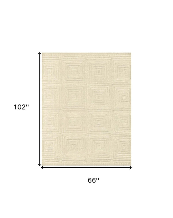HomeRoots 4' Ivory Wool Geometric Hand-Knotted Area Rug - Durable, Stain-Resistant, Artisan-Crafted Elegance 6' X 9' 565478