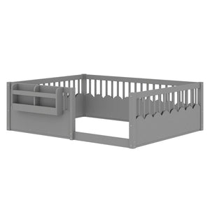 English Elm Twin Low Profile Kids Floor Bed Pine Wood Frame with Safety Rail and Built in Bookshelf Gray W1580P373140