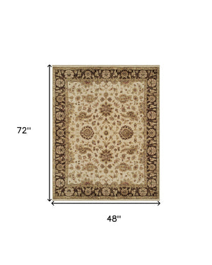 Homeroots 4' X 6' Ivory Brown And Gold Wool Oriental Hand Knotted Area Rug Ivory Wool 565513