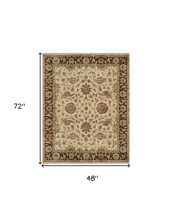 Homeroots 4' X 6' Ivory Brown And Gold Wool Oriental Hand Knotted Area Rug Ivory Wool 565513