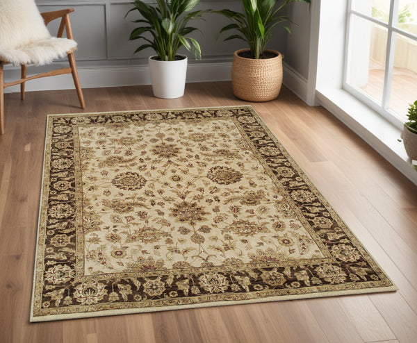 Homeroots 4' X 6' Ivory Brown And Gold Wool Oriental Hand Knotted Area Rug Ivory Wool 565513