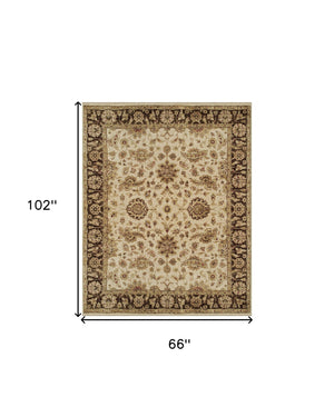 Homeroots 6' X 9' Ivory Brown And Gold Wool Oriental Hand Knotted Area Rug Ivory Wool 565514