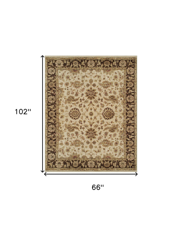 Homeroots 6' X 9' Ivory Brown And Gold Wool Oriental Hand Knotted Area Rug Ivory Wool 565514