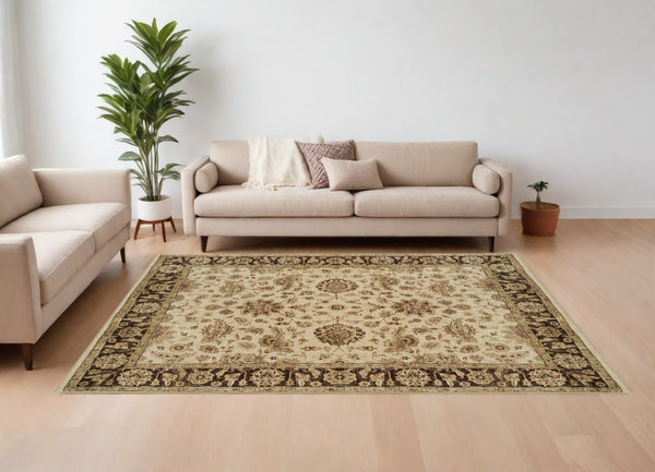 Homeroots 8' X 10' Ivory Brown And Gold Wool Oriental Hand Knotted Area Rug Ivory Wool 565515