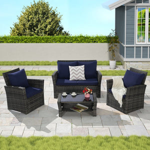 English Elm 4 Piece Outdoor Pe Rattan Wicker Patio Set with Tempered Glass Table Poolside Dark Blue W874P266301