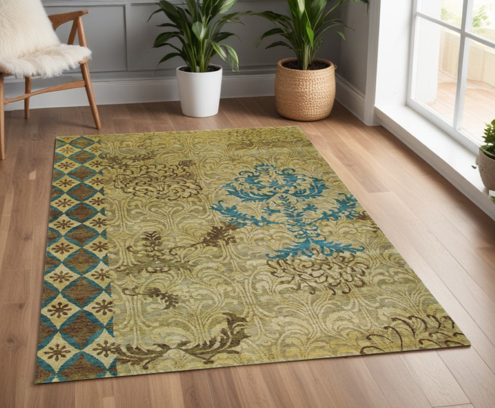 HomeRoots 4' Hand-Knotted Floral Area Rug in Tan, Blue, and Brown – Artisanal Elegance for Any Space 4' X 6' 565533